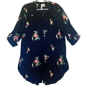 EMBROIDERED navy blue floral tab sleeve button front tunic by Forgotten Grace 2X